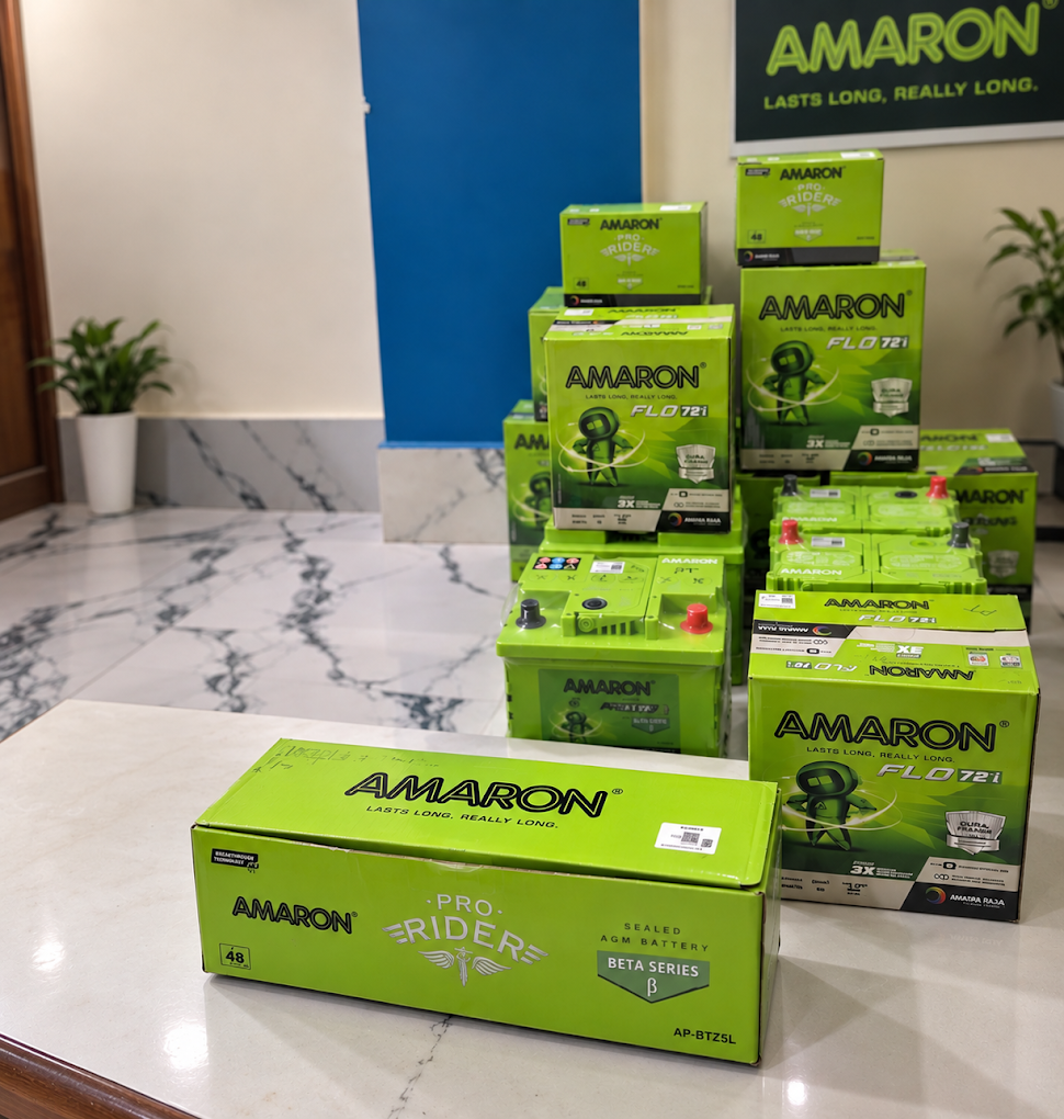 Amaron batteries and cartons inside Battery Care