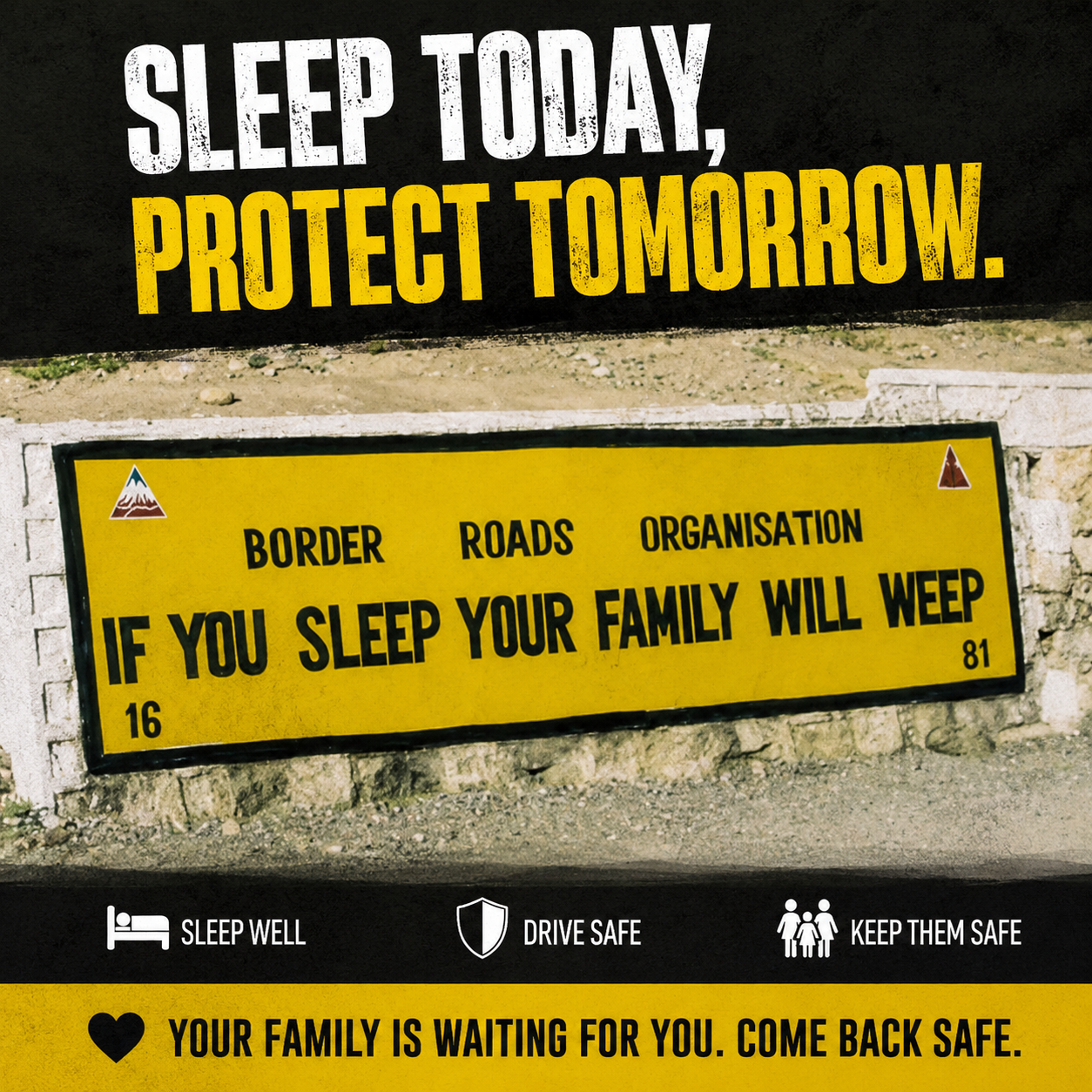 Sleep today, protect tomorrow road-safety artwork